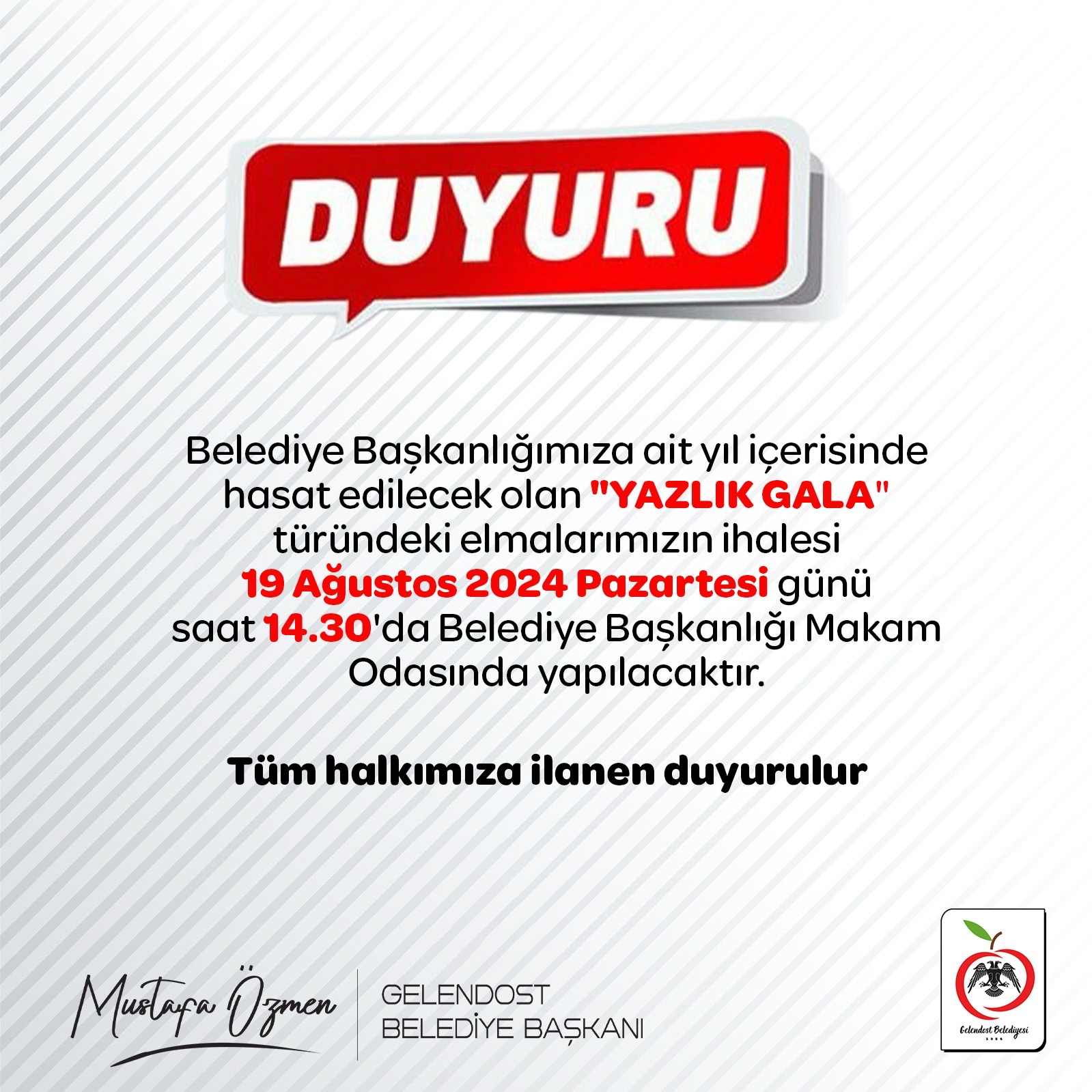 Yazlık gala elma ihalesini duyurdu