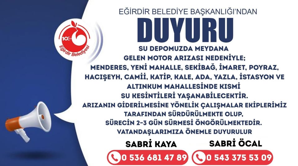 Eğirdir’de Su Kesintisi Uyarısı: Çalışmalar 2–3 Gün Sürebilir